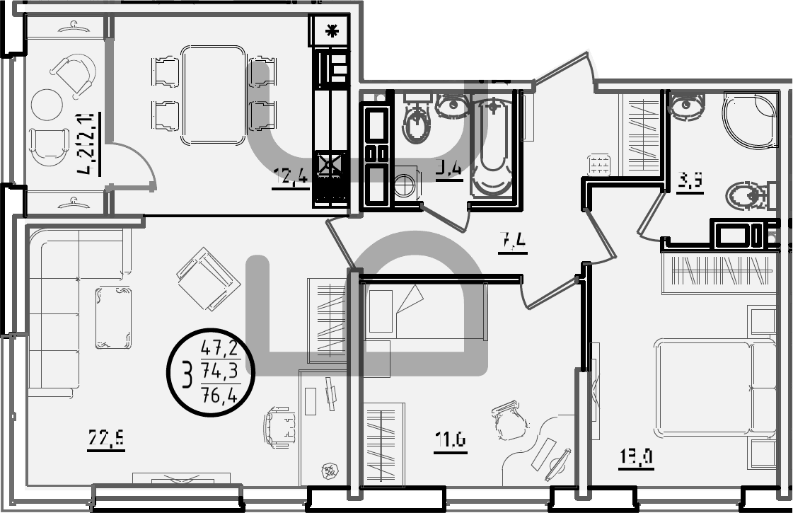 Продается 3-комн. квартира, 74.3 м²