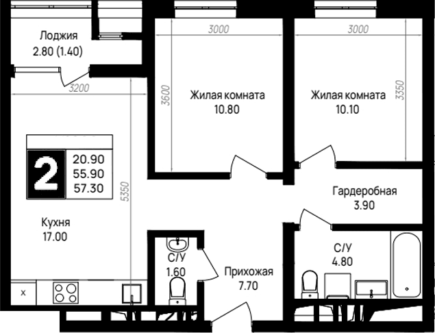 Продается 2-комн. квартира, 55.9 м²