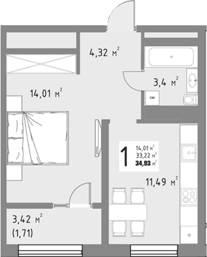 Продается 1-комн. квартира, 33.22 м²