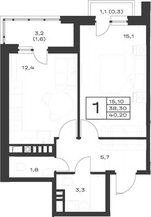 Продается 1-комн. квартира, 38.3 м²