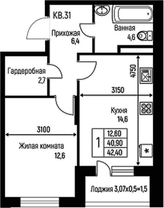 Продается 1-комн. квартира, 40.9 м²