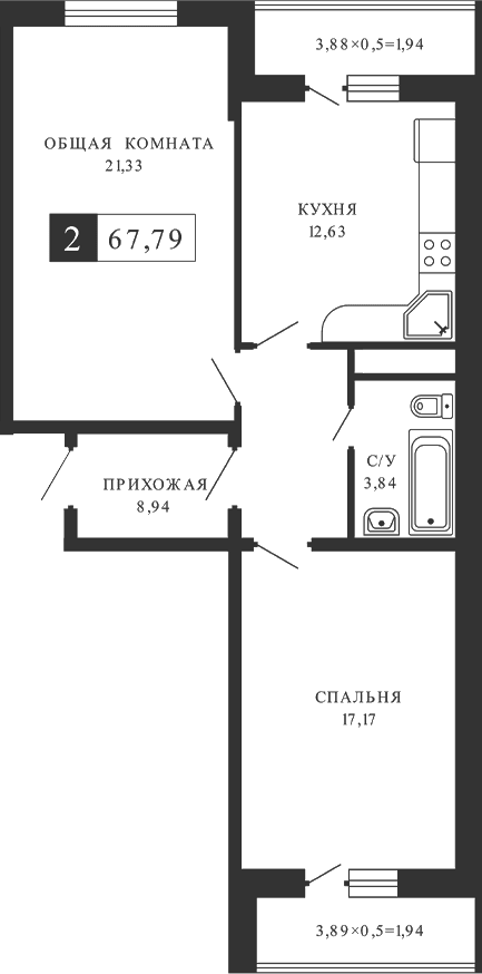 Продается 2-комн. квартира, 63.92 м²