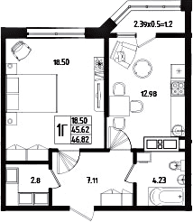 Продается 1-комн. квартира, 45.62 м²