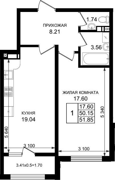 Продается 1-комн. квартира, 50.15 м²
