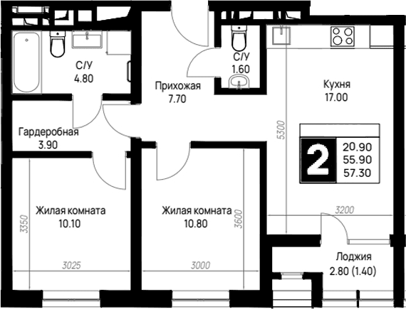 Продается 2-комн. квартира, 55.9 м²