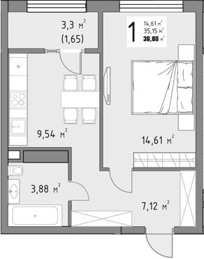 Продается 1-комн. квартира, 35.15 м²