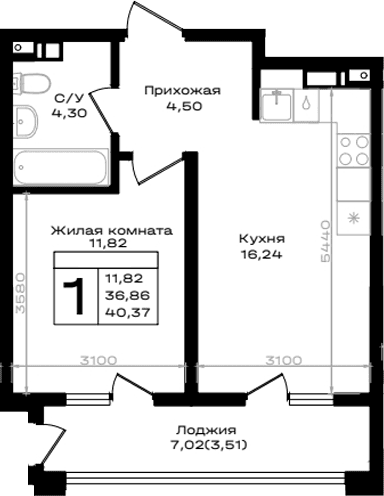 Продается 1-комн. квартира, 36.86 м²