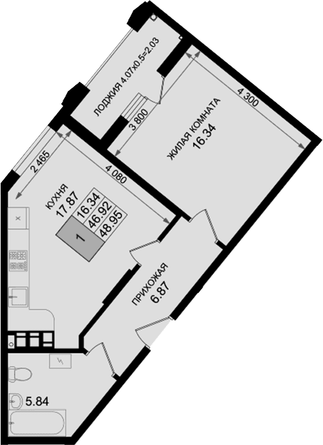 Продается 1-комн. квартира, 46.92 м²