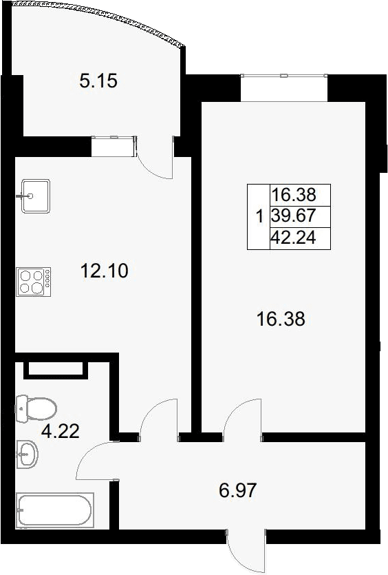 Продается 1-комн. квартира, 41.12 м²