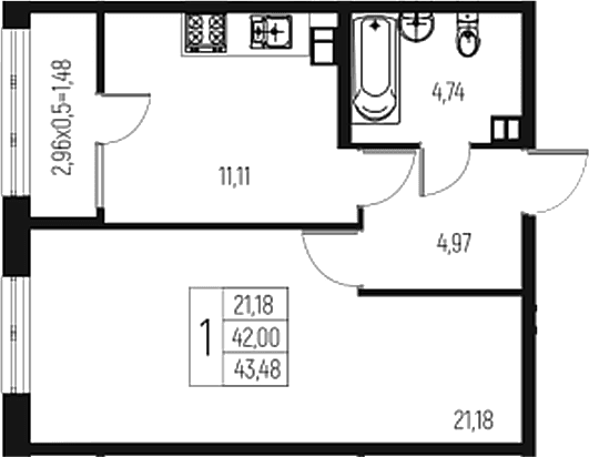 Продается 1-комн. квартира, 42 м²