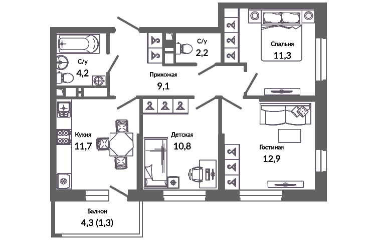 Продается 3-комн. квартира, 62.6 м²