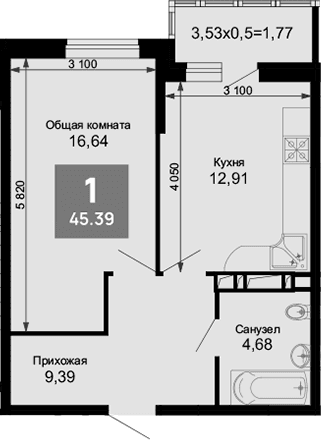 Продается 1-комн. квартира, 43.62 м²