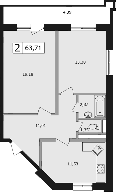 Продается 2-комн. квартира, 63.7 м²