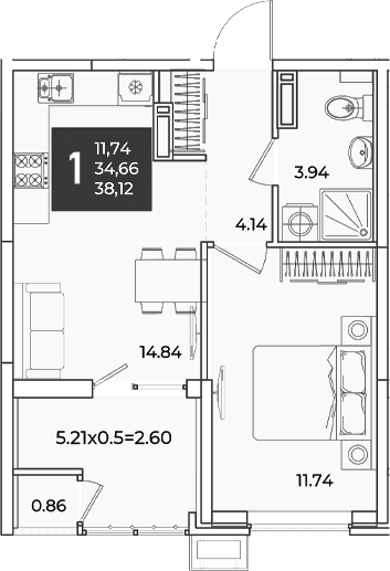 Продается 1-комн. квартира, 34.66 м²
