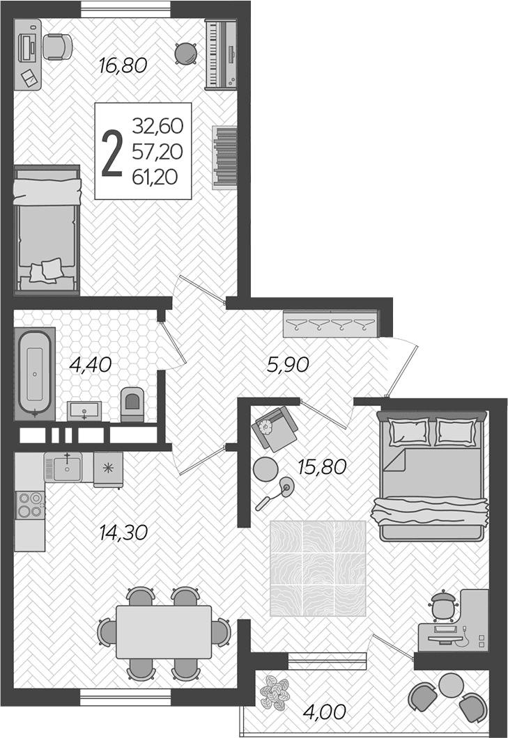 Продается 2-комн. квартира, 57.2 м²