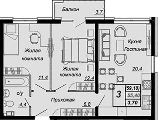 Продается 2-комн. квартира, 55.4 м²