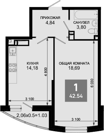 Продается 1-комн. квартира, 41.51 м²