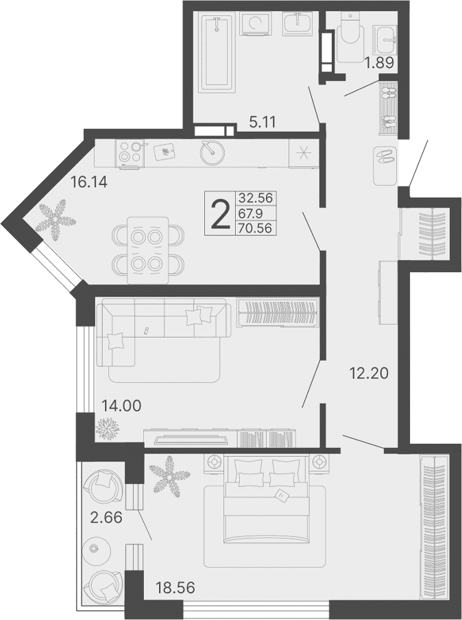 Продается 2-комн. квартира, 67.9 м²