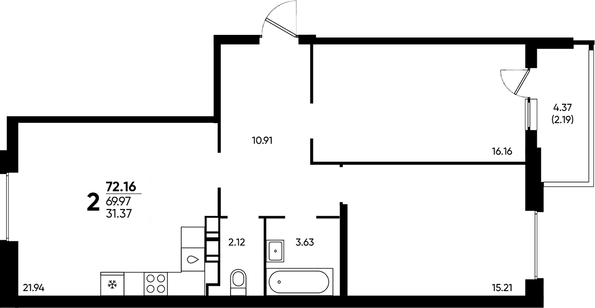 Продается 2-комн. квартира, 69.97 м²