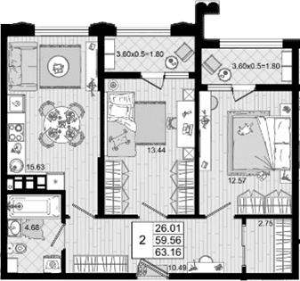 Продается 2-комн. квартира, 59.56 м²
