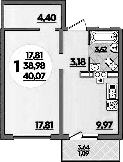 Продается 1-комн. квартира, 38.98 м²