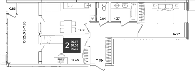 Продается 2-комн. квартира, 58.91 м²