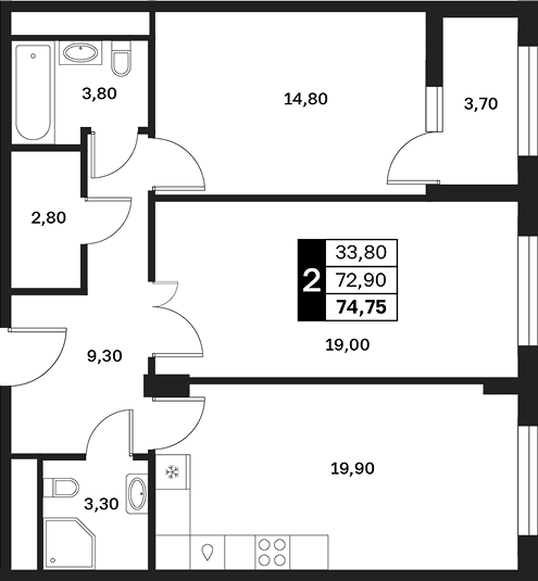 Продается 2-комн. квартира, 72.9 м²