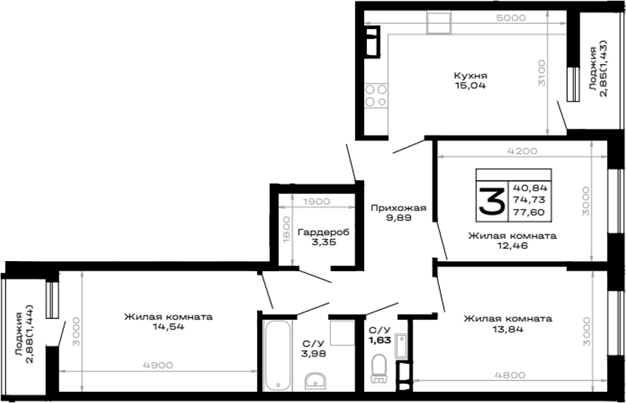 Продается 3-комн. квартира, 74.73 м²