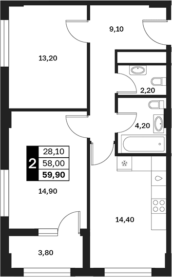 Продается 2-комн. квартира, 58 м²