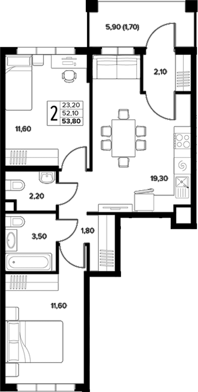 Продается 2-комн. квартира, 52.1 м²