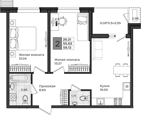 Продается 2-комн. квартира, 55.63 м²