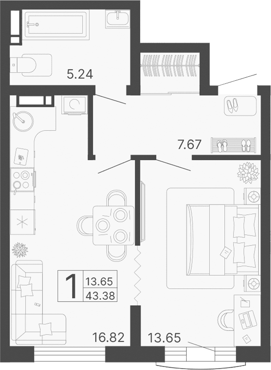 Продается 1-комн. квартира, 43.38 м²
