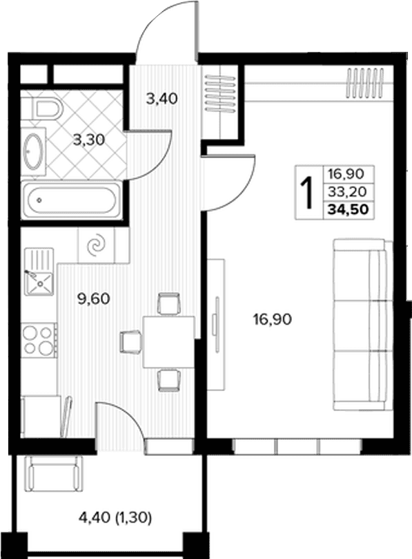 Продается 1-комн. квартира, 33.2 м²