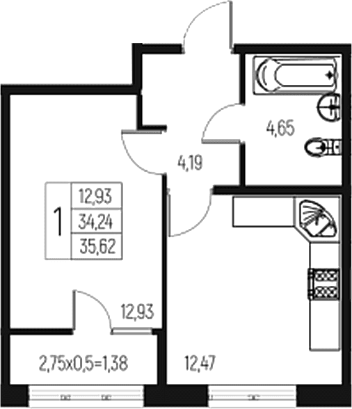 Продается 1-комн. квартира, 34.24 м²
