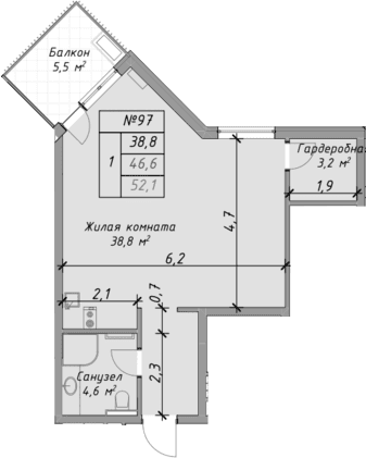 Продается 1-комн. квартира, 46.6 м²