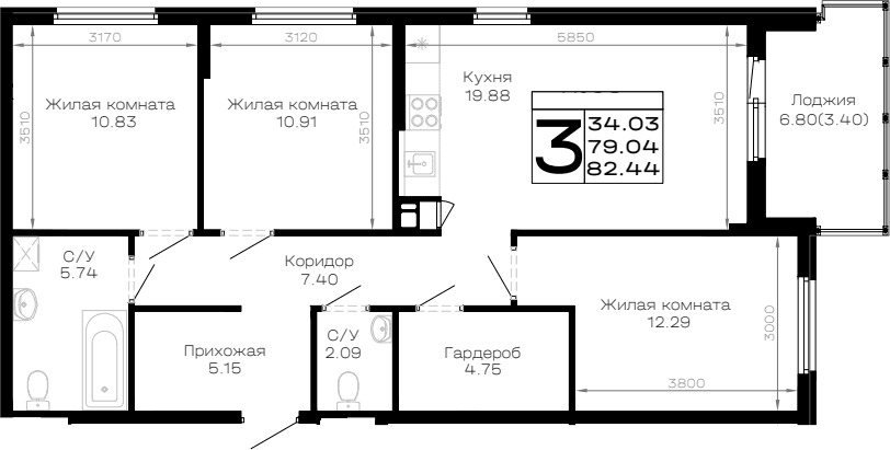 Продается 3-комн. квартира, 79.04 м²