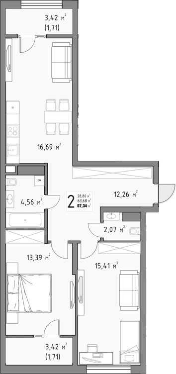 Продается 2-комн. квартира, 63.92 м²