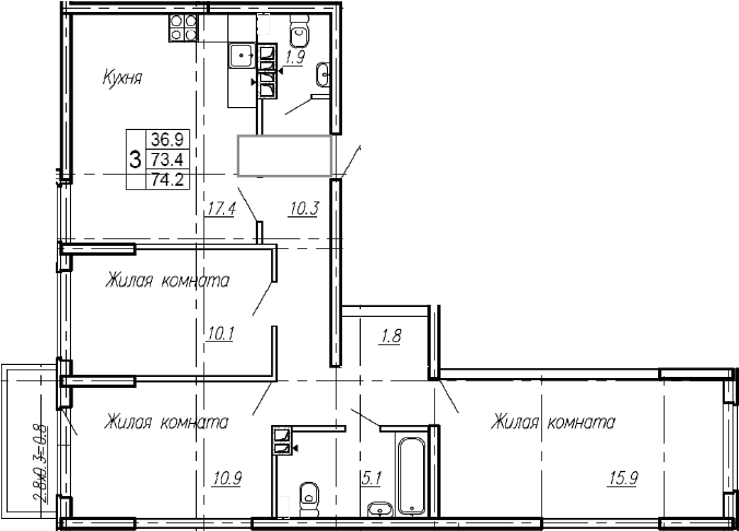 Продается 3-комн. квартира, 73.4 м²