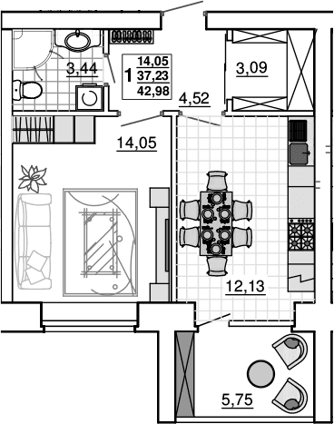 Продается 1-комн. квартира, 37.23 м²