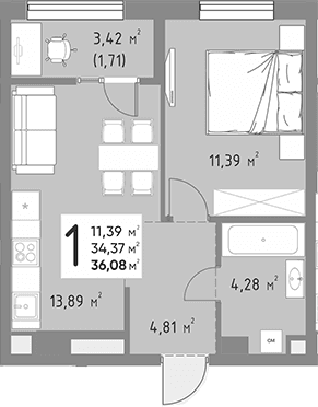 Продается 1-комн. квартира, 34.37 м²
