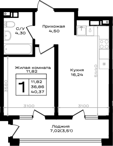 Продается 1-комн. квартира, 36.86 м²