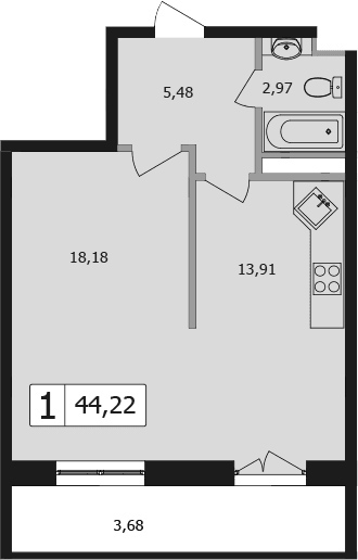 Продается 1-комн. квартира, 40.54 м²