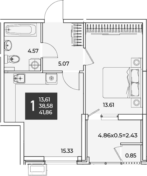 Продается 1-комн. квартира, 38.58 м²