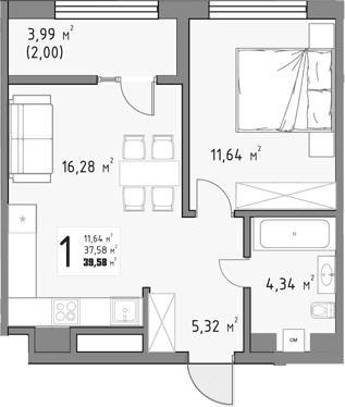 Продается 1-комн. квартира, 37.58 м²