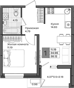 Продается 1-комн. квартира, 34.96 м²