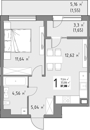 Продается 1-комн. квартира, 33.86 м²