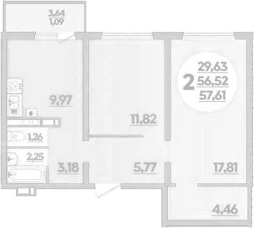 Продается 2-комн. квартира, 56.52 м²