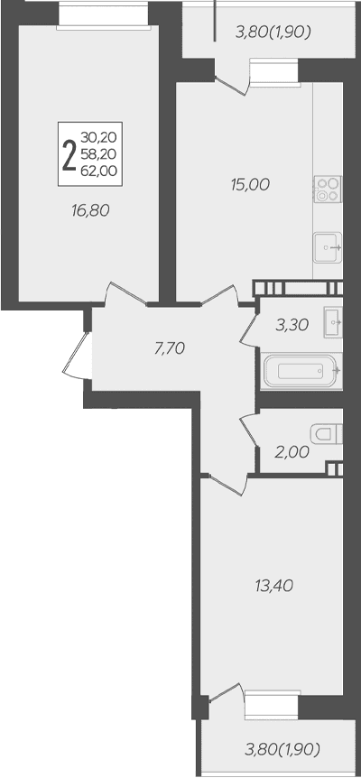 Продается 2-комн. квартира, 58.2 м²