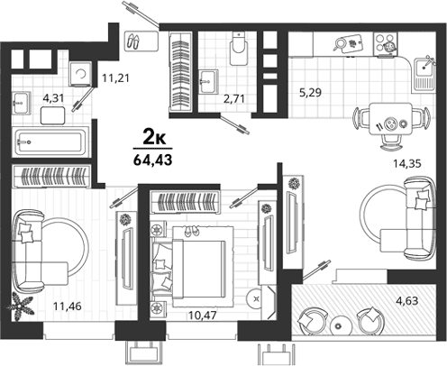 Продается 2-комн. квартира, 59.8 м²