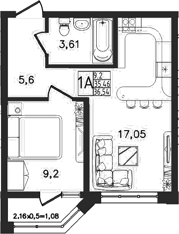 Продается 2-комн. квартира, 35.46 м²
